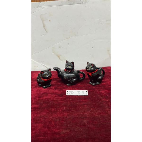Vintage Mid-Century Halloween Black Cat Tea Set, Shafford Redware, Japan