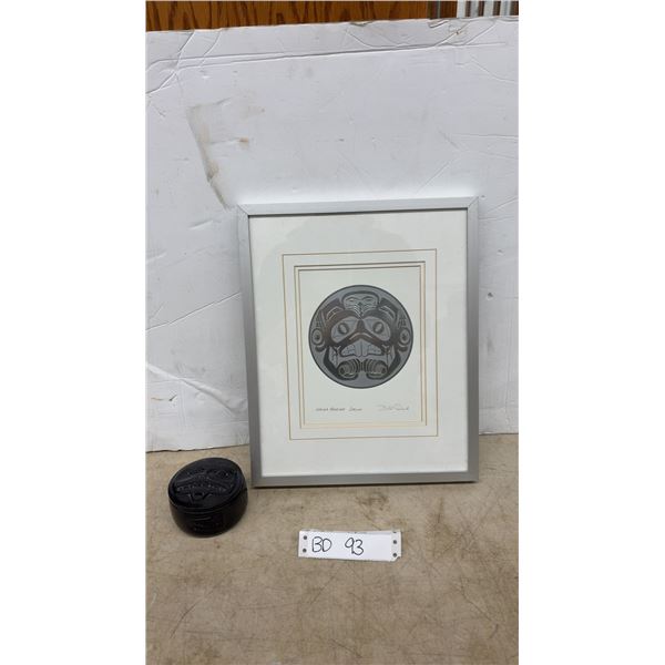 Framed Silver Embossed Haida First Nations Beaver Drum Print By Bill Reid and Keep Box