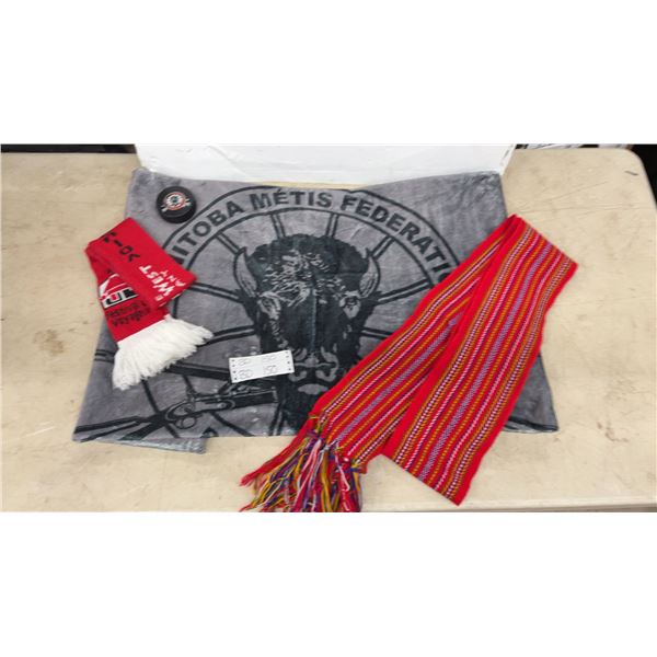 Manitoba Metis Federation Blanket, Vintage Sash, Festival Du Voyager Scarf and Hockey Puck