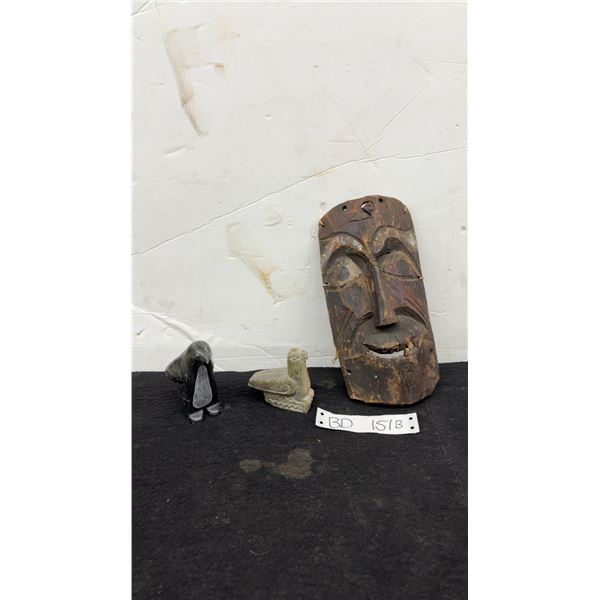 Antique Hand-Carved Aboriginal Wood Mask, Penguin and Bird Soapstone
