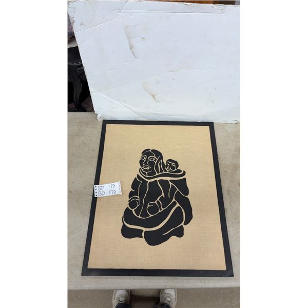 Vintage First Nations Inuit Silkscreen Print on Burlap, 26” x 21”