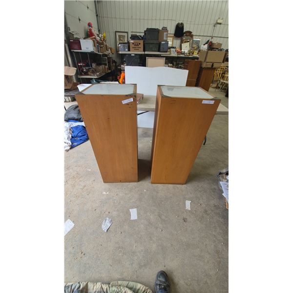 Pair of Wood and Frosted Glass Display Pedestals. 44”×18”×18”