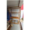 Image 1 : Orange Metal and Wood Rolling Display Shelf with Wire Grid Sides and Back. 76”×42”×24”
