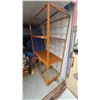 Image 2 : Orange Metal and Wood Rolling Display Shelf with Wire Grid Sides and Back. 76”×42”×24”