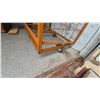 Image 3 : Orange Metal and Wood Rolling Display Shelf with Wire Grid Sides and Back. 76”×42”×24”