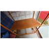 Image 4 : Orange Metal and Wood Rolling Display Shelf with Wire Grid Sides and Back. 76”×42”×24”