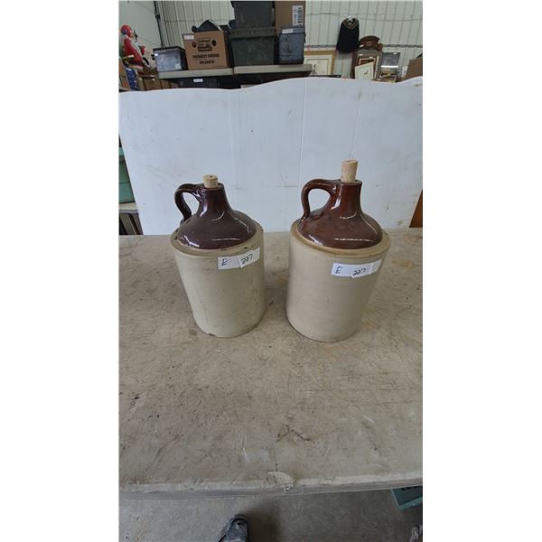 Two Brown and Tan Stoneware Jugs with Cork Stoppers
