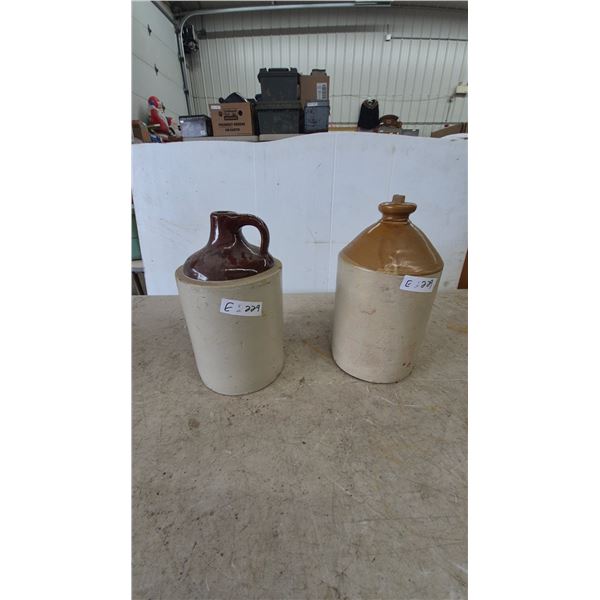 Two Stoneware Jugs: One with Handle, One with Cork Stopper, Both Two-Tone Glaze