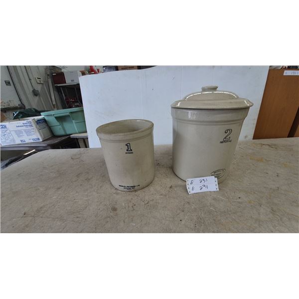 Medalta Potteries Ltd. Imperial Stoneware Crocks: 1 1 Imperial and 1 2 Imperial with Lid
