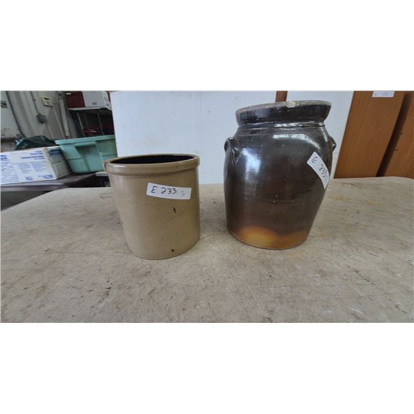 Two Stoneware Crocks: Brown Butter Churn and Small Tan Crock