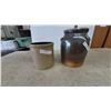 Image 1 : Two Stoneware Crocks: Brown Butter Churn and Small Tan Crock