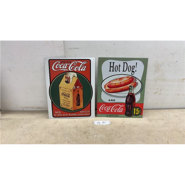 Two Coca-Cola Modern Metal Signs: Six Bottles Handy Container and Hot Dog 15¢. 16 × 12 1/2”