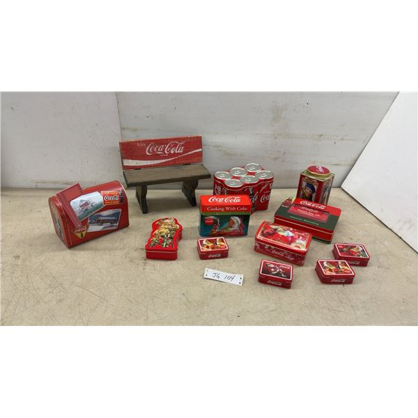 Coca-Cola Collectibles, Rustic Wooden Bench, Decorative Tins, Recipe Box Filled with Recipes