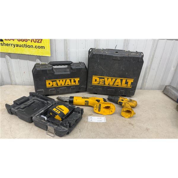 DeWalt DC490 Cordless Swivel Head Shear, 18V DC; DeWalt Drill; DeWalt Laser Level and 2 Cases