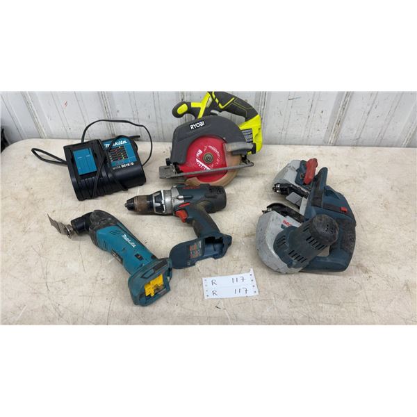 Ryobi Circular Saw, Bosch Drill and Band Saw, Makita Multi-Tool and DC18SD Charger