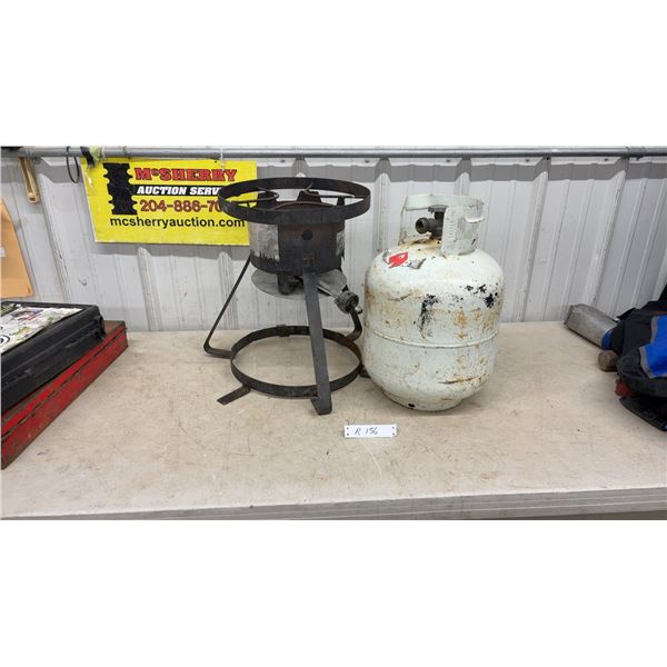 Outdoor Propane Burner with Three-Legged Stand and 20 lb Propane Tank