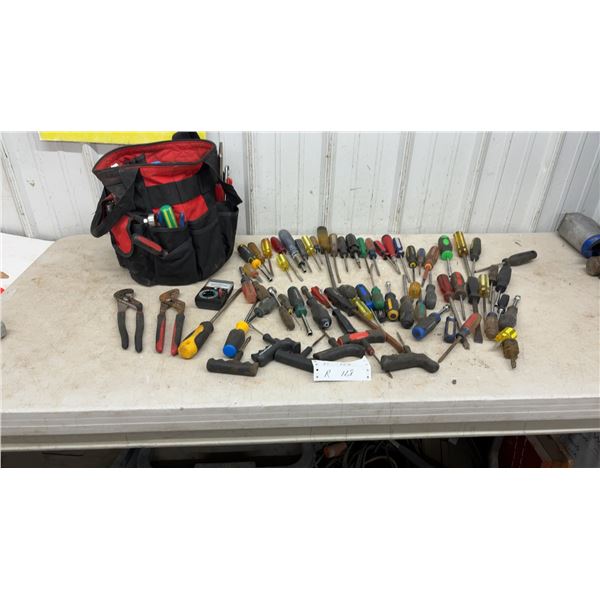 Large Assortment of Screwdrivers, Pliers, Multimeter, and More with Mastergrip Tool Bag