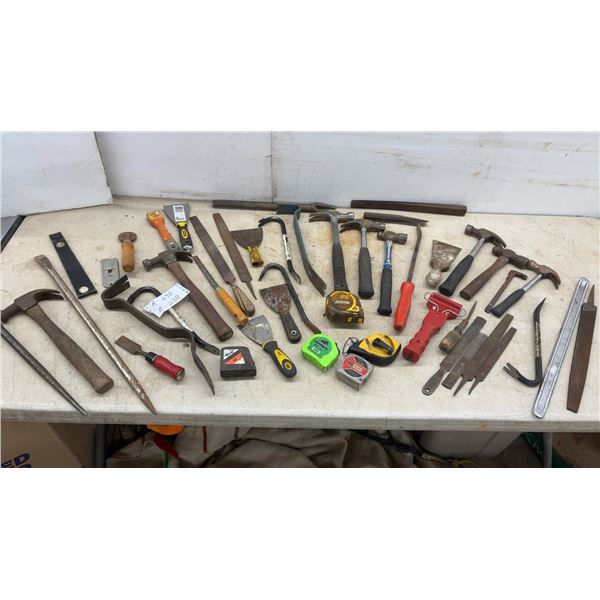 Assortment of Hammers, Pry Bars, Tape Measures, Files, Putty Knives, Chisels