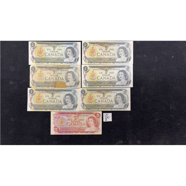 6 1973 Canada $1 Bills and 1974 Canada $2 Bill
