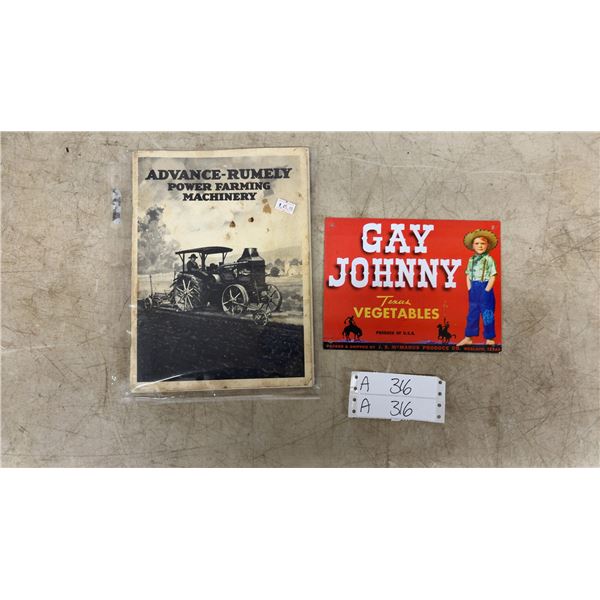 Advance-Rumely OilPull Power Farming Machinery Catalog and Gay Johnny Texas Vegetables Tin Sign