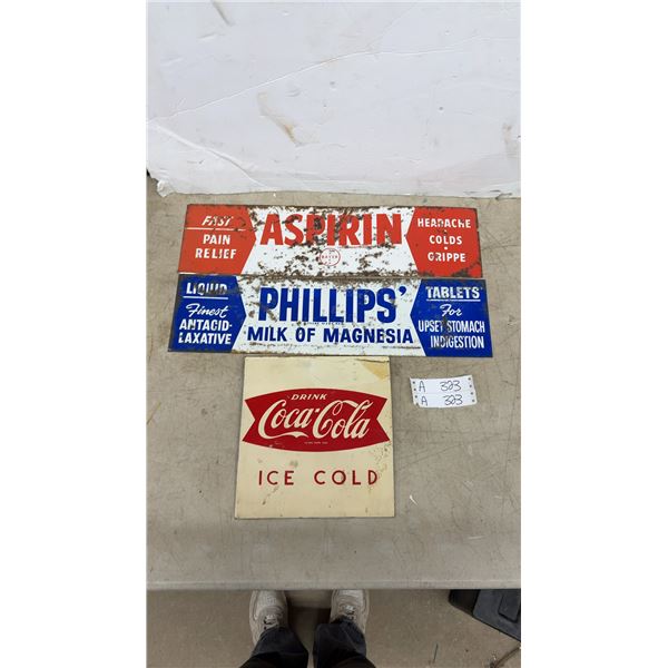 Vintage Bayer Aspirin, Phillips' Milk of Magnesia, and Coca-Cola Ice Cold Metal Signs