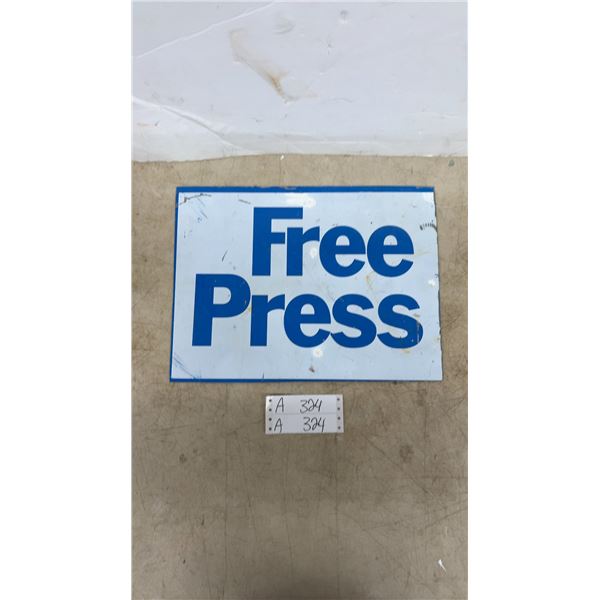 Vintage "Free Press" Metal Newspaper Sign, Blue and White