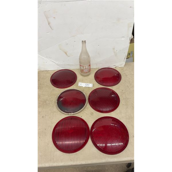 Vintage Red Glass Automotive Light Lenses and Kik Root Beer Bottle