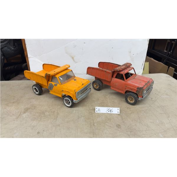 Vintage Dump Trucks, Pressed Steel, Orange and Yellow