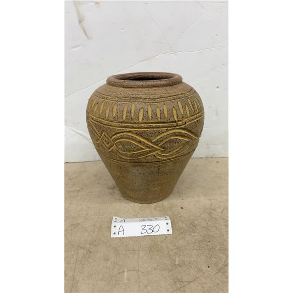 Traditional Ceramic Pot with Etched Leaf and Wave Motifs, Mottled Brown and Tan Glaze
