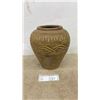 Image 1 : Traditional Ceramic Pot with Etched Leaf and Wave Motifs, Mottled Brown and Tan Glaze