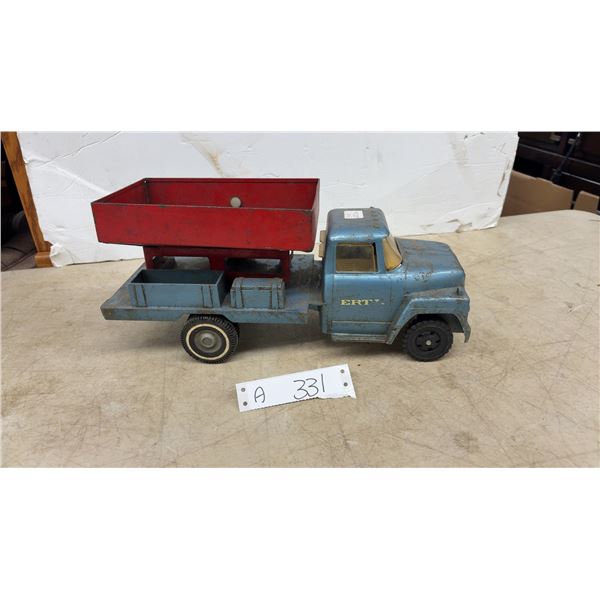 Vintage Ertl Pressed Steel GMC Road Spreader Toy Truck, Blue Cab and Red Hopper