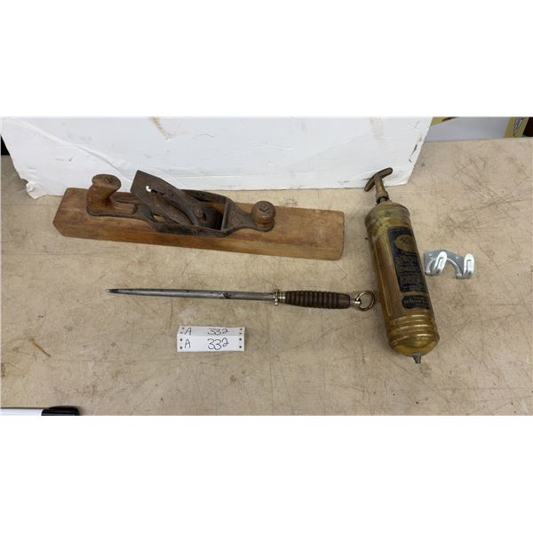 Vintage Wooden Plane, Sharpening Steel, and Pyrene Brass Fire Extinguisher with Bracket
