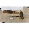 Image 1 : Vintage Wooden Plane, Sharpening Steel, and Pyrene Brass Fire Extinguisher with Bracket