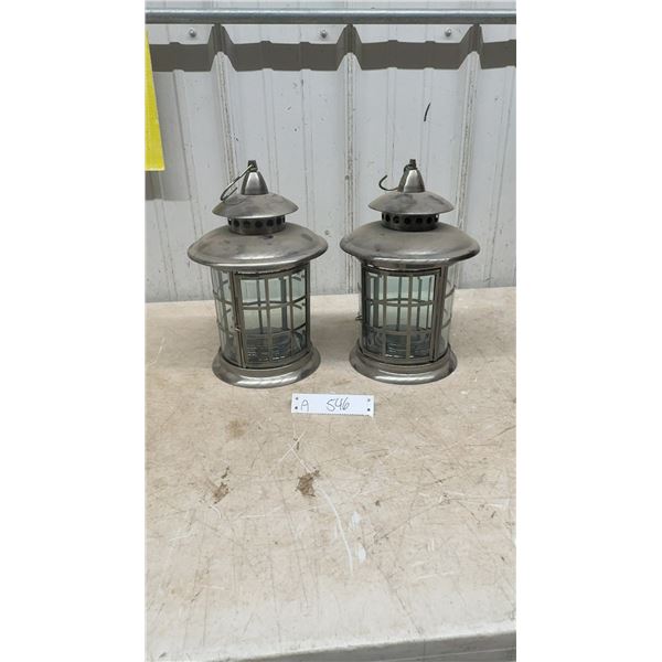 Pair of Decorative Brushed Silver-Tone Metal and Glass Candle Lanterns with Hinged Doors