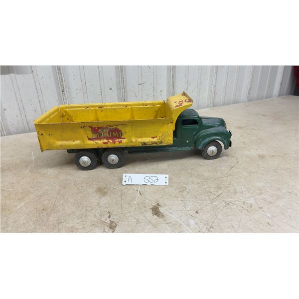 Vintage Lincoln Toys Hi-Dump Pressed Steel Dump Truck with Green Cab and Yellow Bed