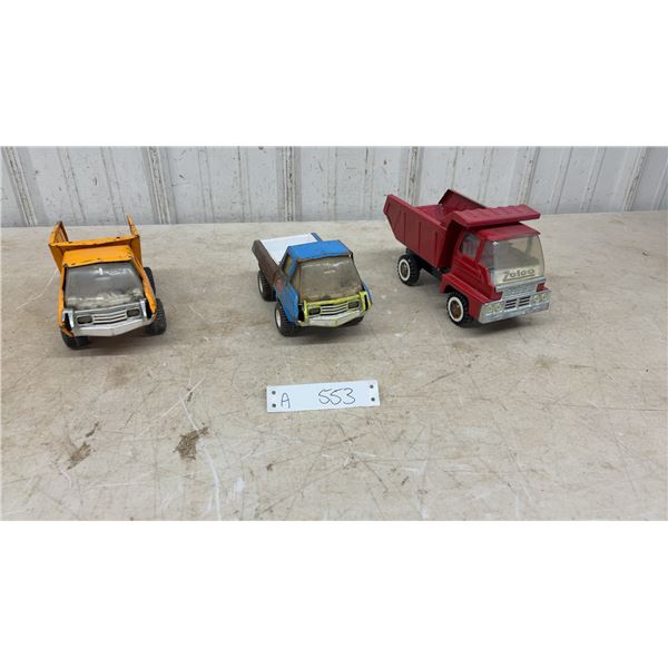 Vintage Tonka Toy Truck 2 Blue Pickup, Orange Mini-Dump and Red Zelco Mighty Dump