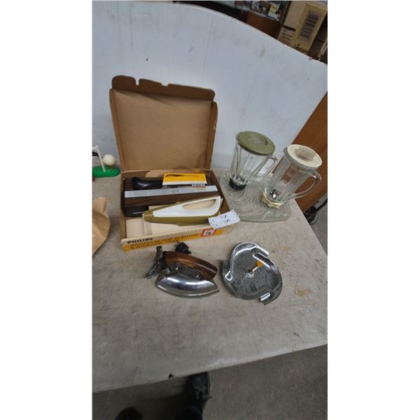 Philips Electric Knife, Two Vintage Irons, Two Glass Blenders. Cannisters