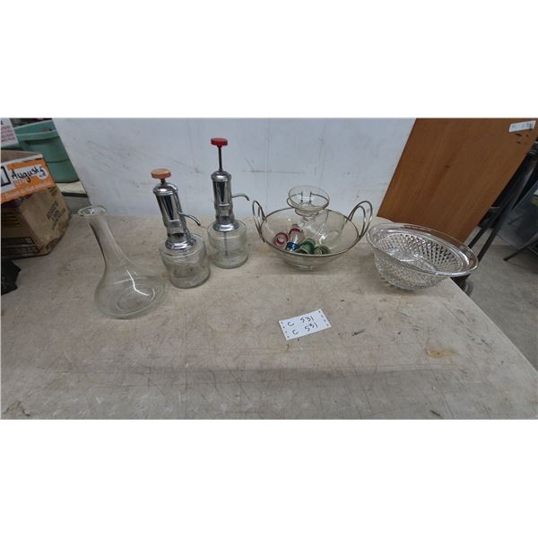 Vintage Glass and decanter Dispensers, Glass Serving Bowl with Handles