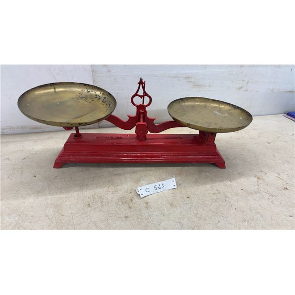 Antique Red Cast Iron "Honest" USA General Store Balance Scale With Brass Pans