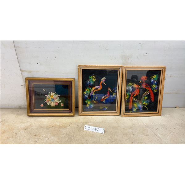 Three Framed Art Pieces: Two Mexican Feather Bird Art and Shell Flower Bouquet, Largest 12 × 10”