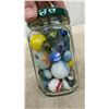 Image 7 : Miniature Crescent Cast Iron Toy Stove With Accessories and Jar of Marbles