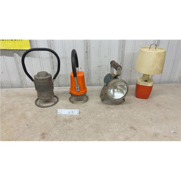 2 Battery-operated railroad and flagging lanterns, camping table lantern and spotlight/flashlight