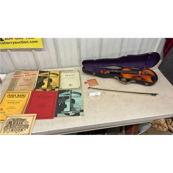 Vintage Violin in Case with Bow and Music Books