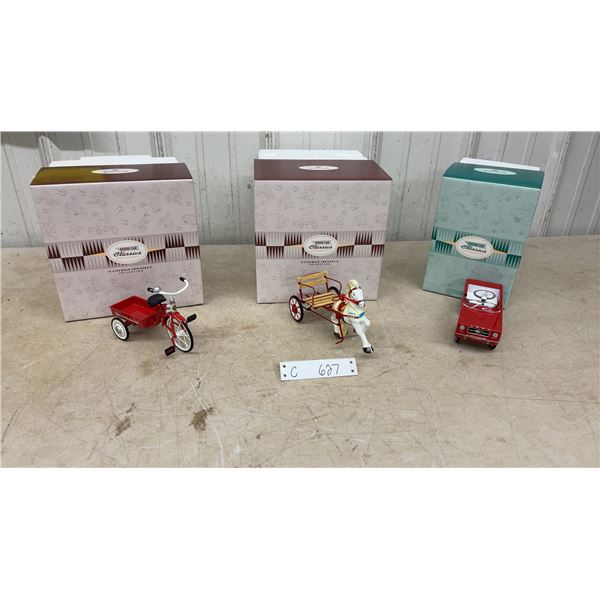 Hallmark Kiddie Car Classics lot of 3: Ford Mustang, Delivery Cycle and Late 1940s Mobo Sulky