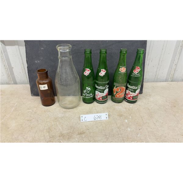 Vintage Glass Bottle Lot: Amber Apothecary Bottle, Milk Bottle, Mountain Dew and 2-Way Soda Bottles
