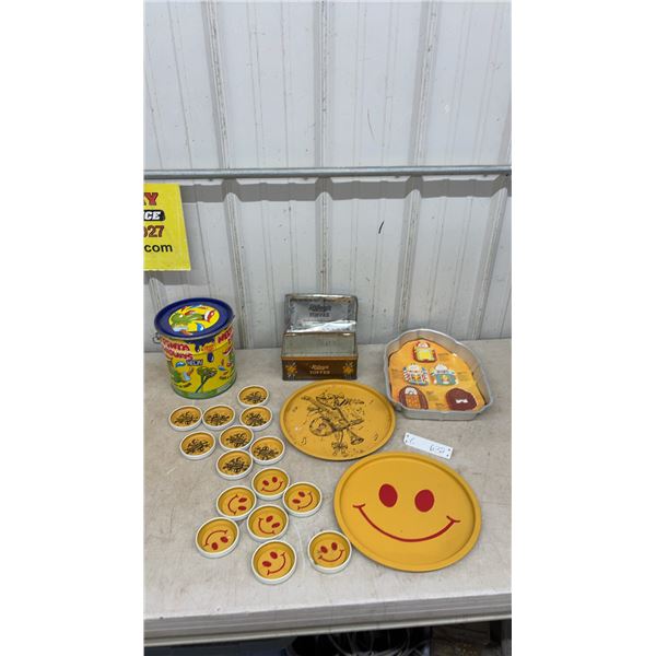 Wilton Jukebox Cake Pan, Riley’s Toffee Tin, Smiley Face Tray, Coasters