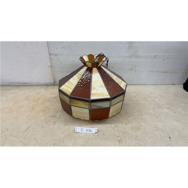 Vintage Tiffany-Style Stained Glass Hanging Pendant Lamp in Amber and Cream, Missing Male Flowers