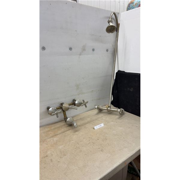 Antique Wall-Mount Three-Handle Utility Faucet and Exposed Pipe Shower Fixture With Cross Handles
