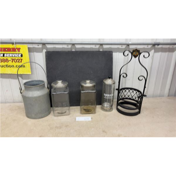 Galvanized Milk Pail, Glass Canisters, Barbicide Jar, and Grand Marnier Bottle Stand