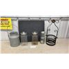 Image 1 : Galvanized Milk Pail, Glass Canisters, Barbicide Jar, and Grand Marnier Bottle Stand